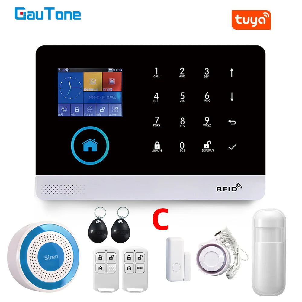 Smart home alarm system with a black and white touchscreen console, RFID tags, remote fobs, siren, and motion sensor.