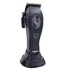 Professional matte black cordless hair clipper standing in its charging dock.