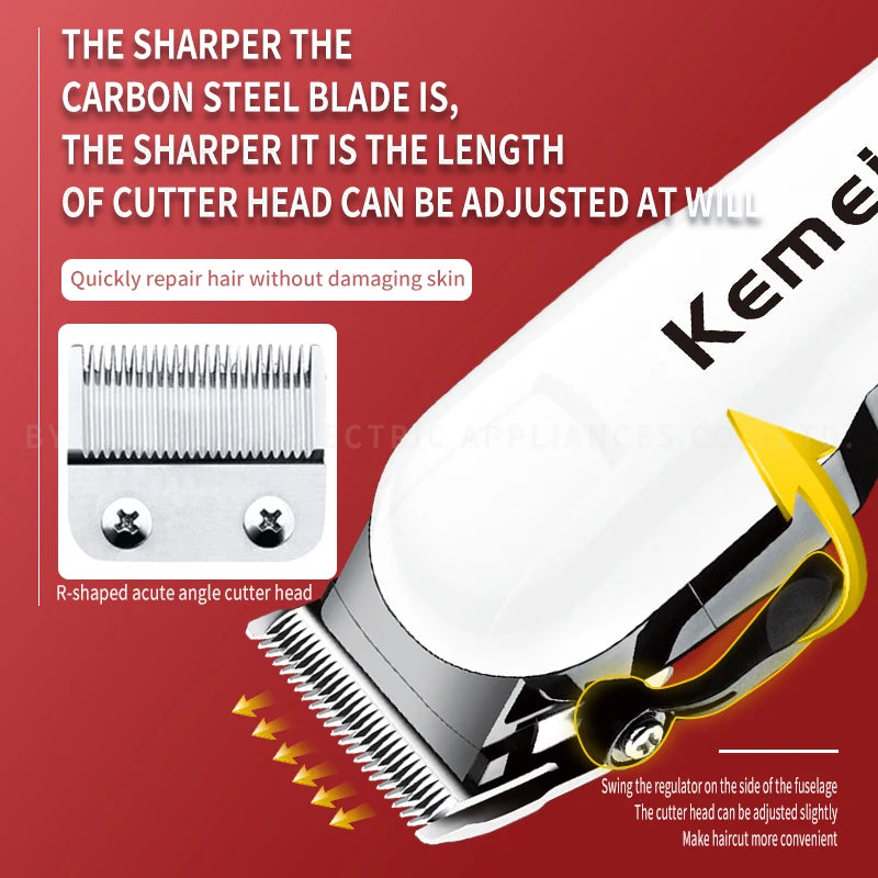 White cordless hair clipper with a sharp carbon steel R-shaped blade and an adjustable side taper lever.