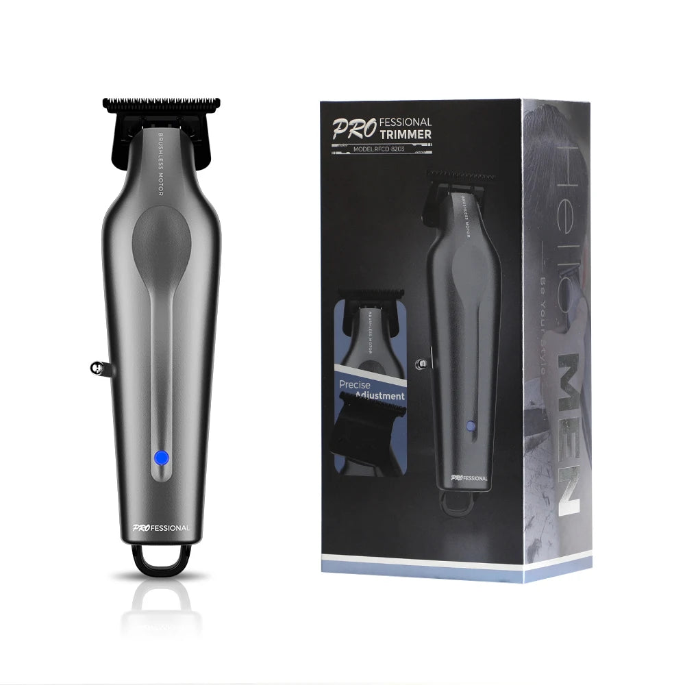 Sleek, grey cordless hair trimmer with precision blade, blue indicator light and hanging loop, shown with its packaging.