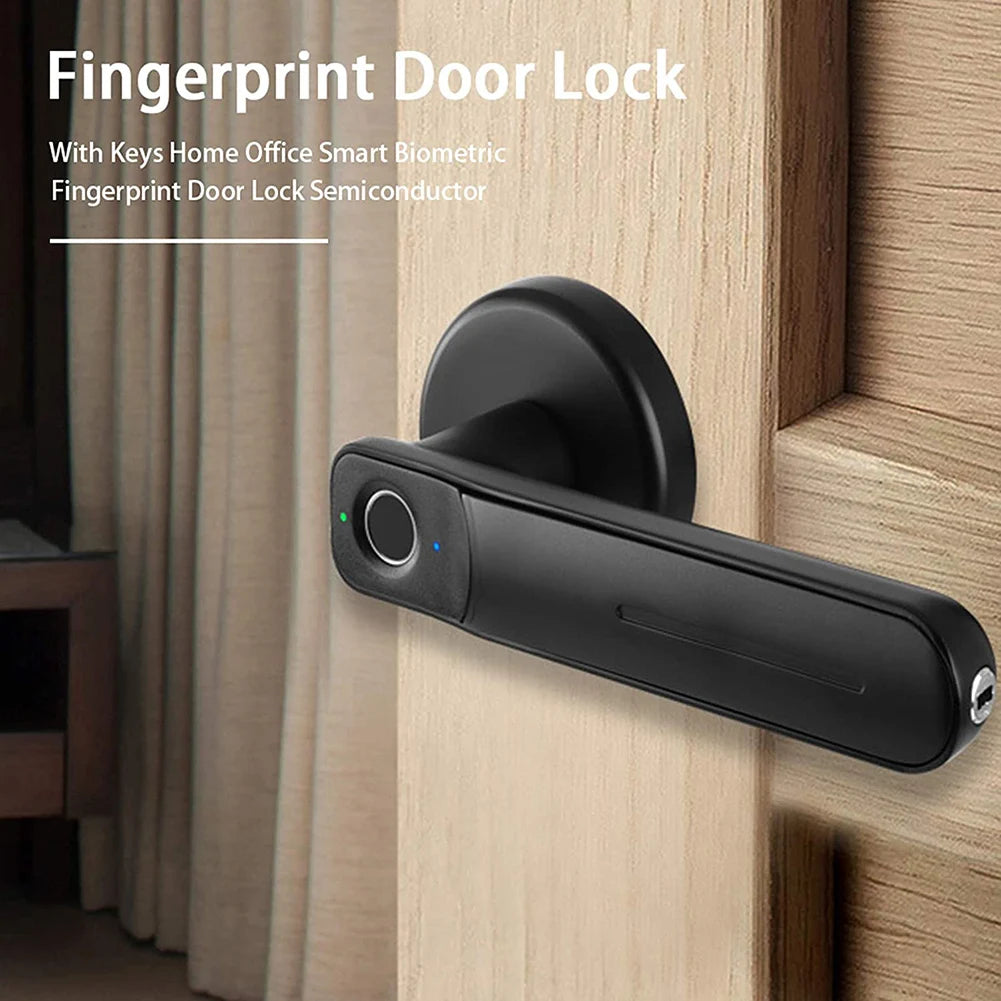 Matte black metal biometric fingerprint door lock with keyhole, installed on a light wood door.