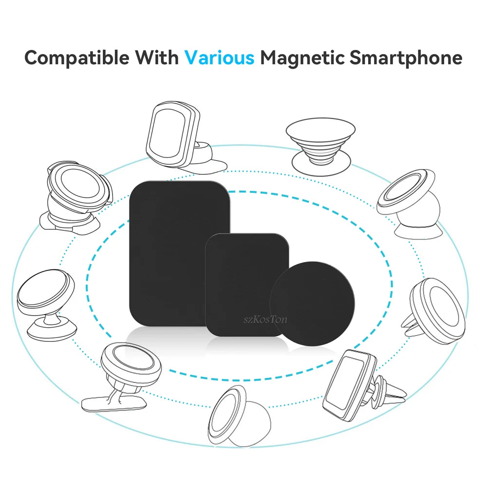 Three black rectangular and circular magnetic adhesive plates, surrounded by line-art icons of magnetic phone mounts.