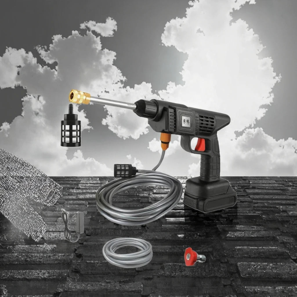 Portable black electric pressure washer with metallic nozzle, hose, filter, and red spray attachment.