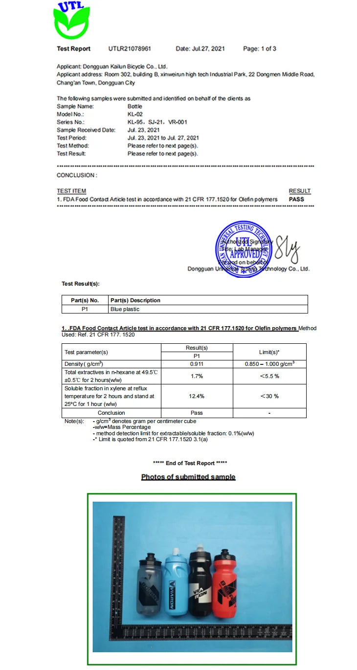 A product test report showing four plastic sports bottles in black, blue, black, and red lined up on a blue surface.