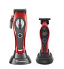 A professional cordless hair clipper and trimmer set in metallic red and black, each standing on its own base.