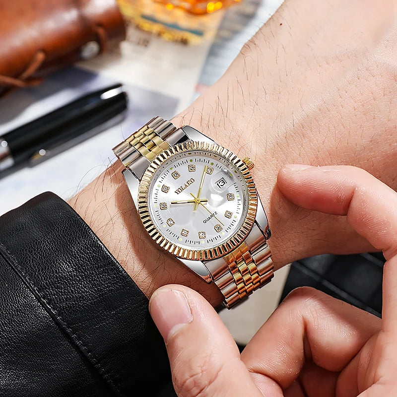 Men's two-tone gold and silver quartz watch with a white dial, crystal hour markers, and a date display.