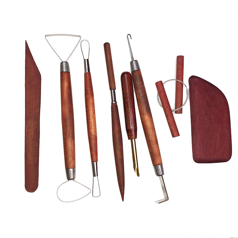 Set of eight pottery and clay sculpting tools with dark brown wooden handles and various metal wire and blade tips.