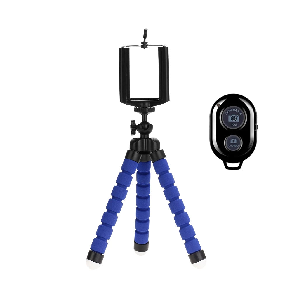 Flexible blue foam tripod for smartphones with an adjustable phone holder and a wireless remote shutter button.