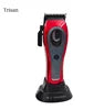 Red professional cordless hair clipper with a grey front panel and charging stand.