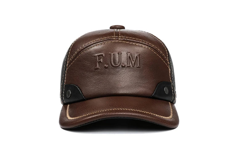 Brown leather baseball cap featuring fold-down ear flaps, black accents, contrast stitching and textured detailing.
