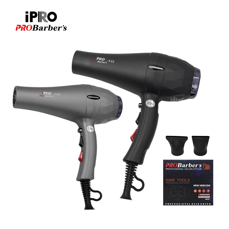 Black and grey 2600W professional hair dryers with two concentrator nozzles and a hanging loop.