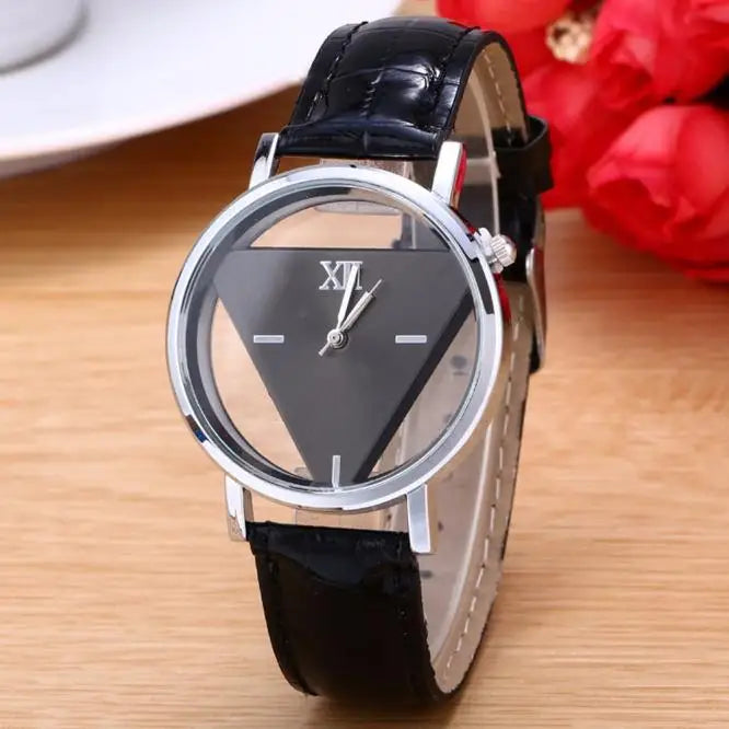 Women's analogue watch with a silver round case, black triangular dial and a black textured leather strap.