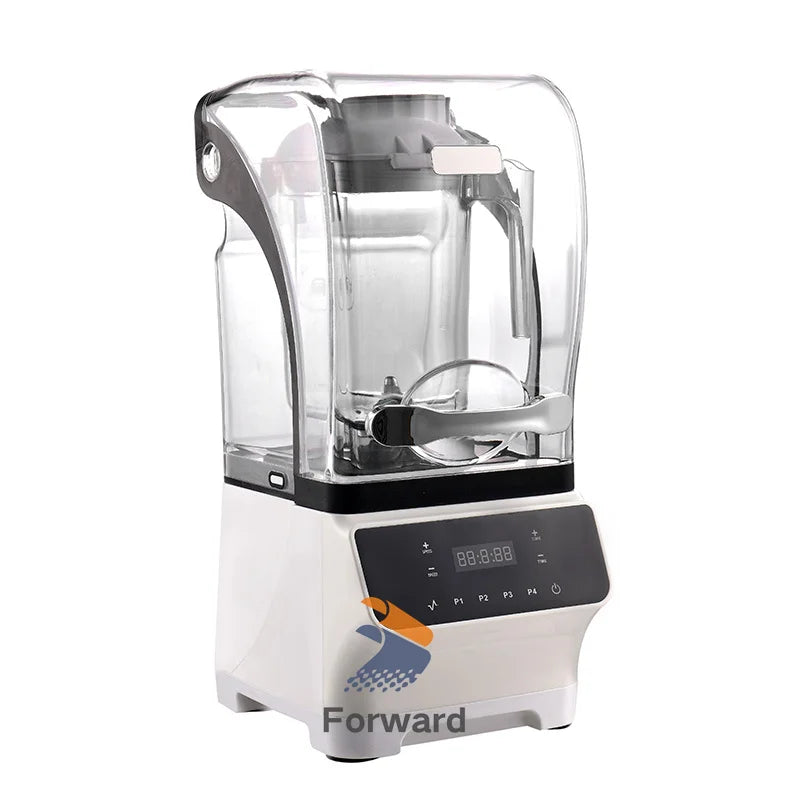 Professional white commercial blender with a clear sound-dampening enclosure and digital touch control panel.