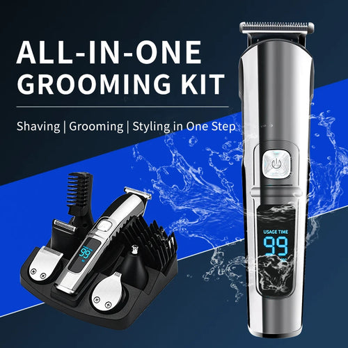 Silver 6-in-1 professional hair trimmer and grooming kit with LED display and multiple attachment heads on a stand.