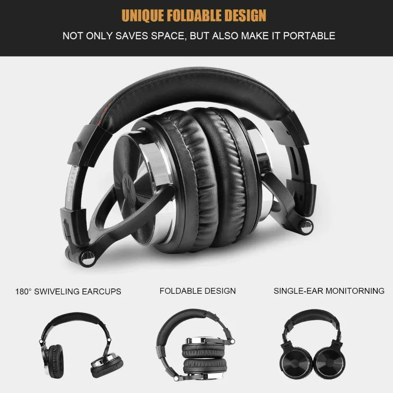 Black wired over-ear studio headphones with a portable, foldable design and 180-degree swivelling earcups.