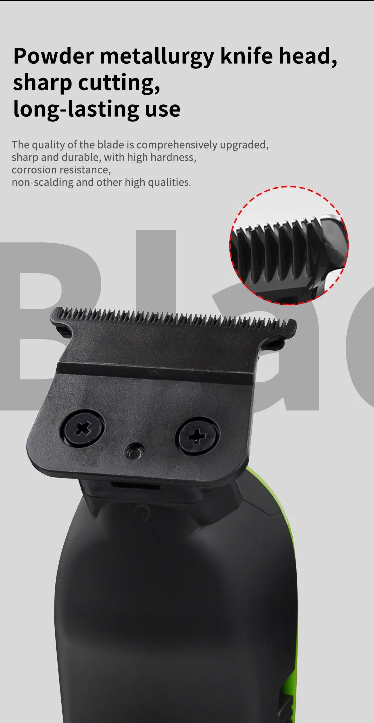 Black electric hair trimmer with a T-shaped powder metallurgy blade and a close-up inset showing the fine teeth.