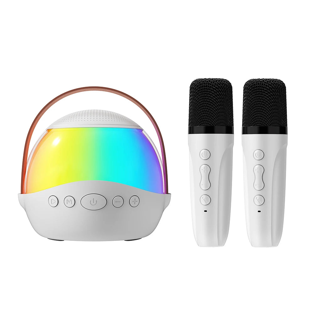 Portable white karaoke speaker with rainbow LED lighting and tan handle, plus two matching white wireless microphones.