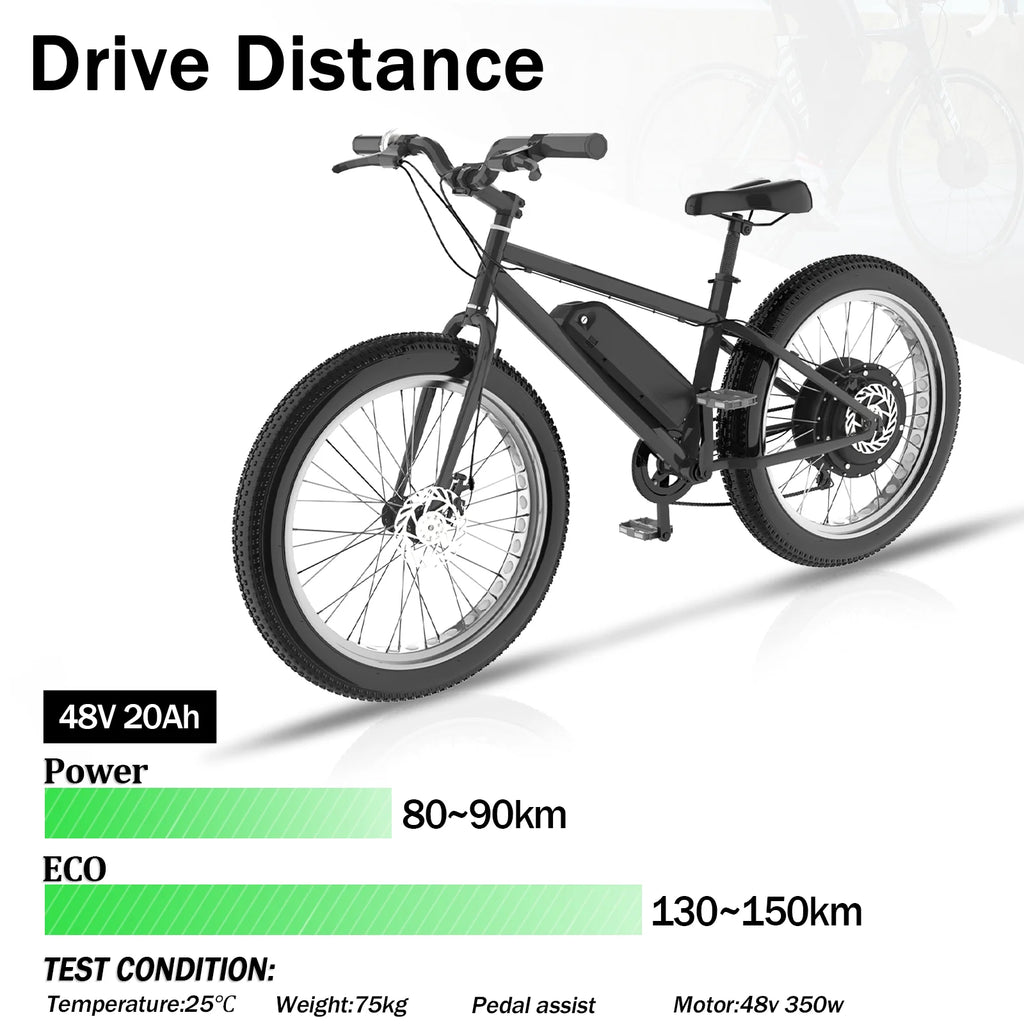 Black electric mountain bike with thick tyres, 350W motor, 48V battery, and 80-150km range.