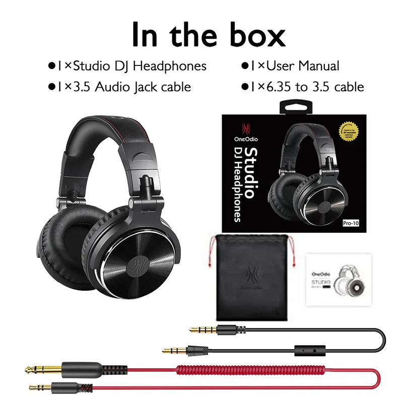 Black wired over-ear studio headphones, including a carry pouch and two audio cables with 3.5mm and 6.35mm jacks.