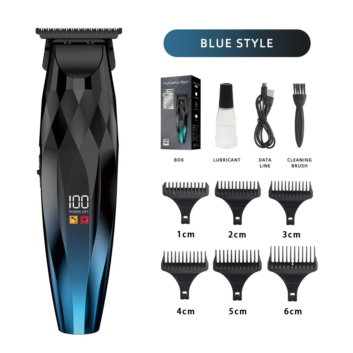 Blue cordless T-blade hair and beard trimmer with digital display, charging cable, cleaning brush, and six comb guides.