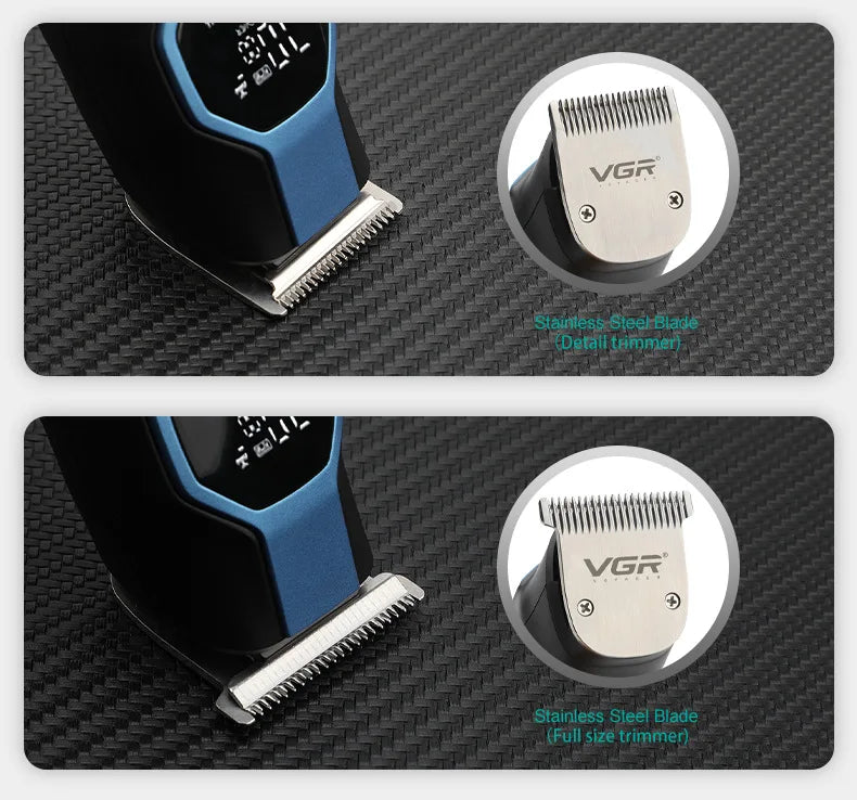 Blue and black rechargeable grooming kit with interchangeable stainless steel detail and full-size trimmer blades.
