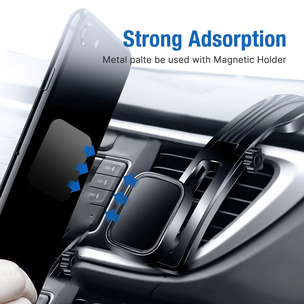 Black magnetic phone holder for car vent, featuring a sleek, minimalist design with a metal plate for phone attachment.