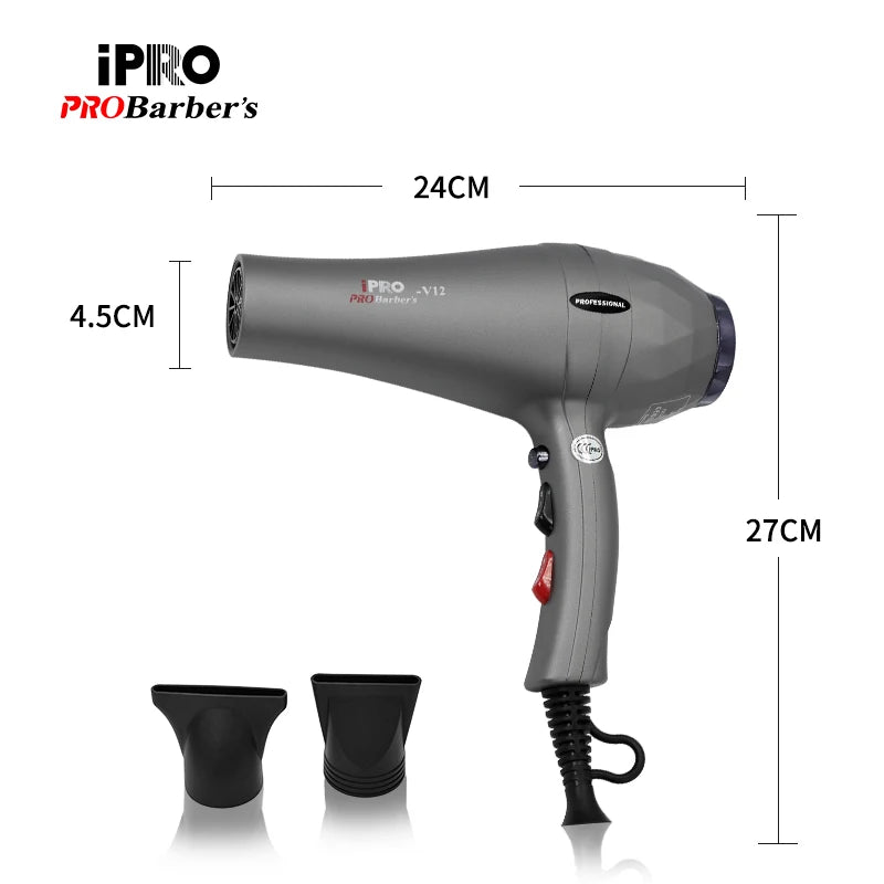 Grey professional hair dryer with two styling nozzles, featuring measurement markings and a hanging loop.