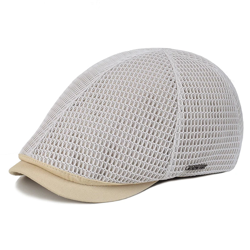 Unisex cream-coloured flat cap in a breathable, textured mesh fabric with a solid-coloured peak.