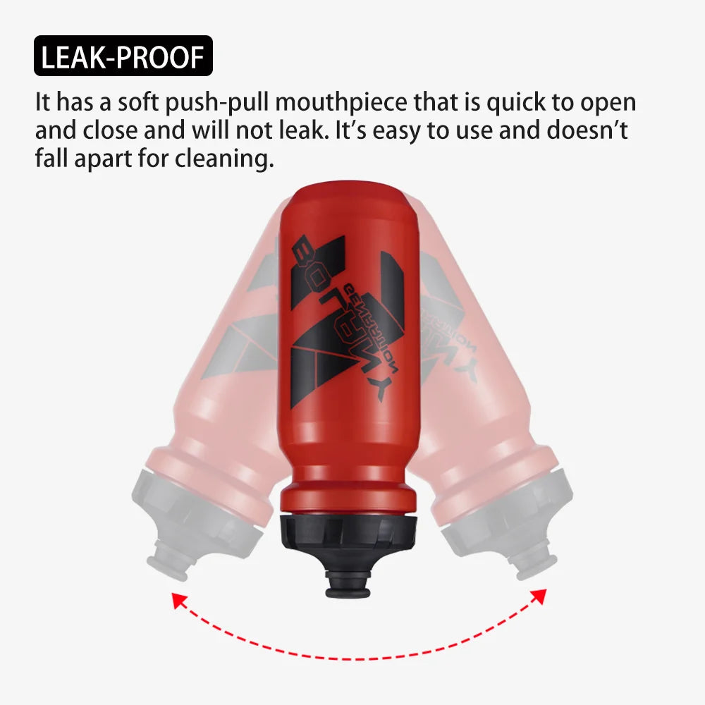 Red sports water bottle with a black push-pull mouthpiece and black graphic print.