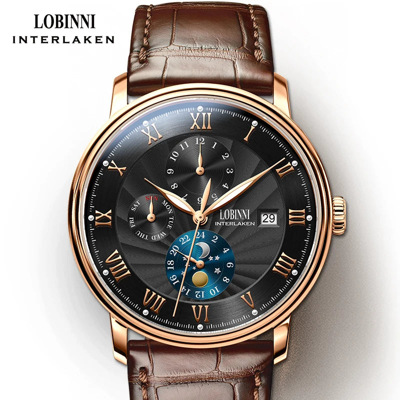 Lobinni men's automatic watch with a round rose gold case, black dial, Roman numerals, and brown leather strap.