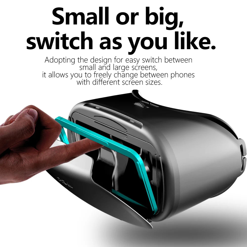Black VR headset with a hand adjusting a teal-colored phone-size adapter frame for adjustable screens.