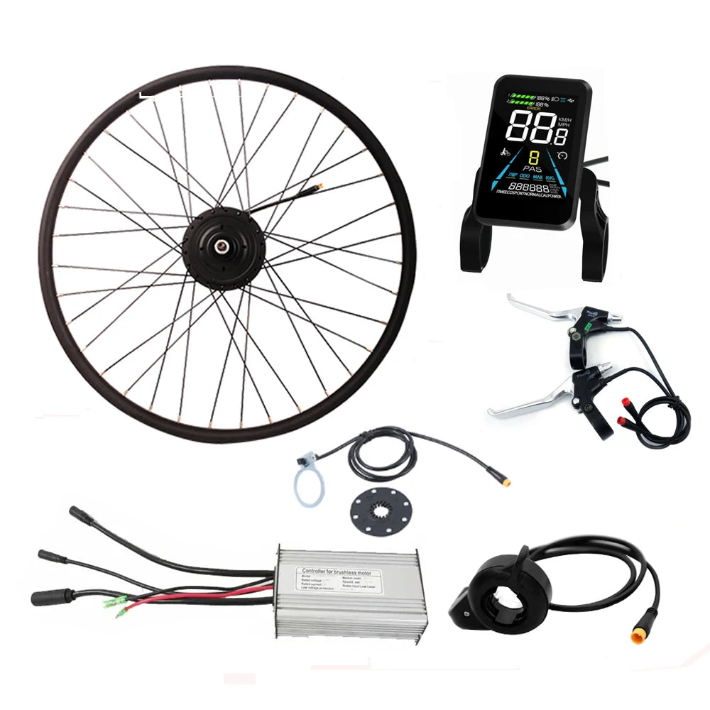 Electric bike conversion kit featuring a black motor wheel, digital display, throttle, brake levers, and controller.
