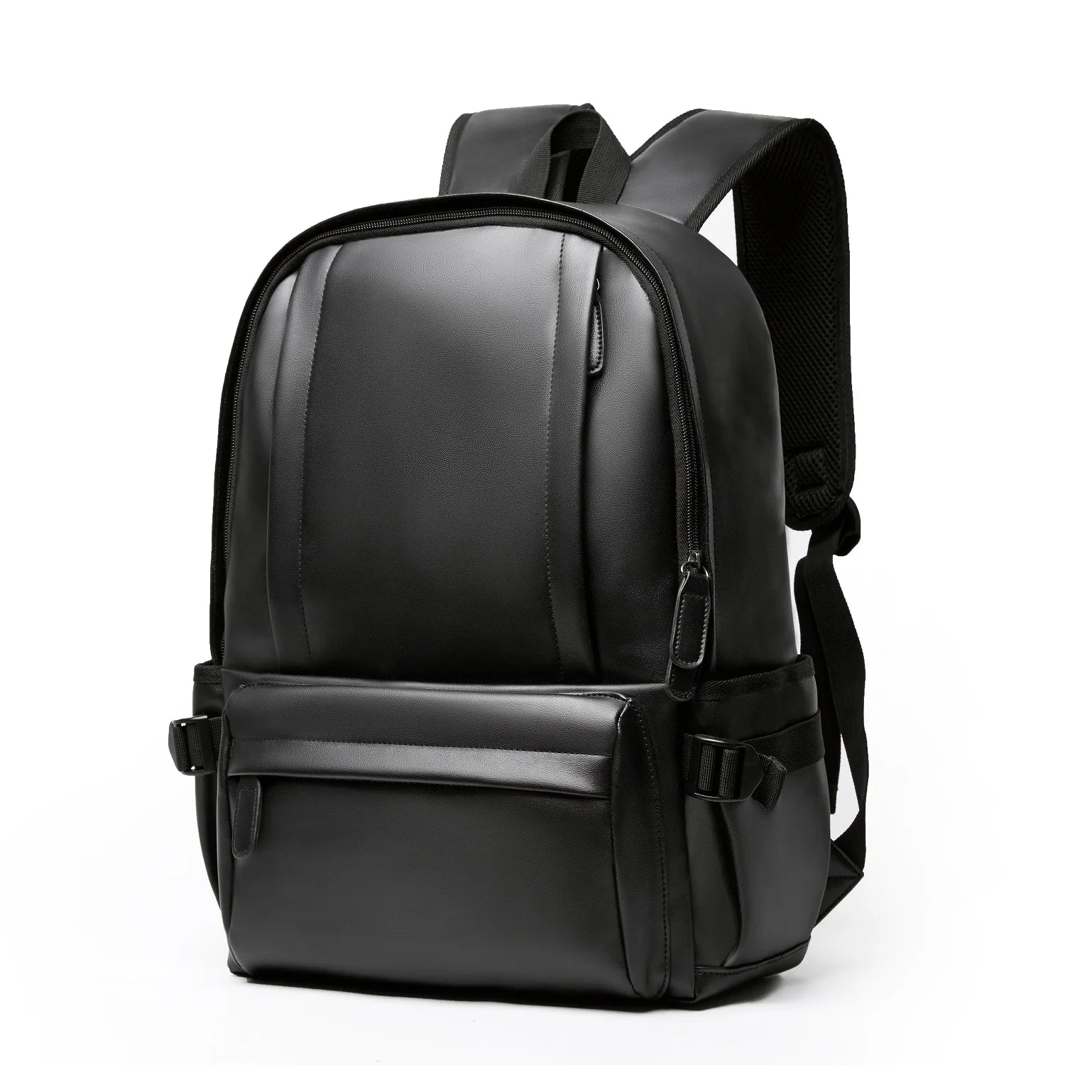 Sleek black professional PU leather laptop backpack with multiple zipped compartments and adjustable padded straps.