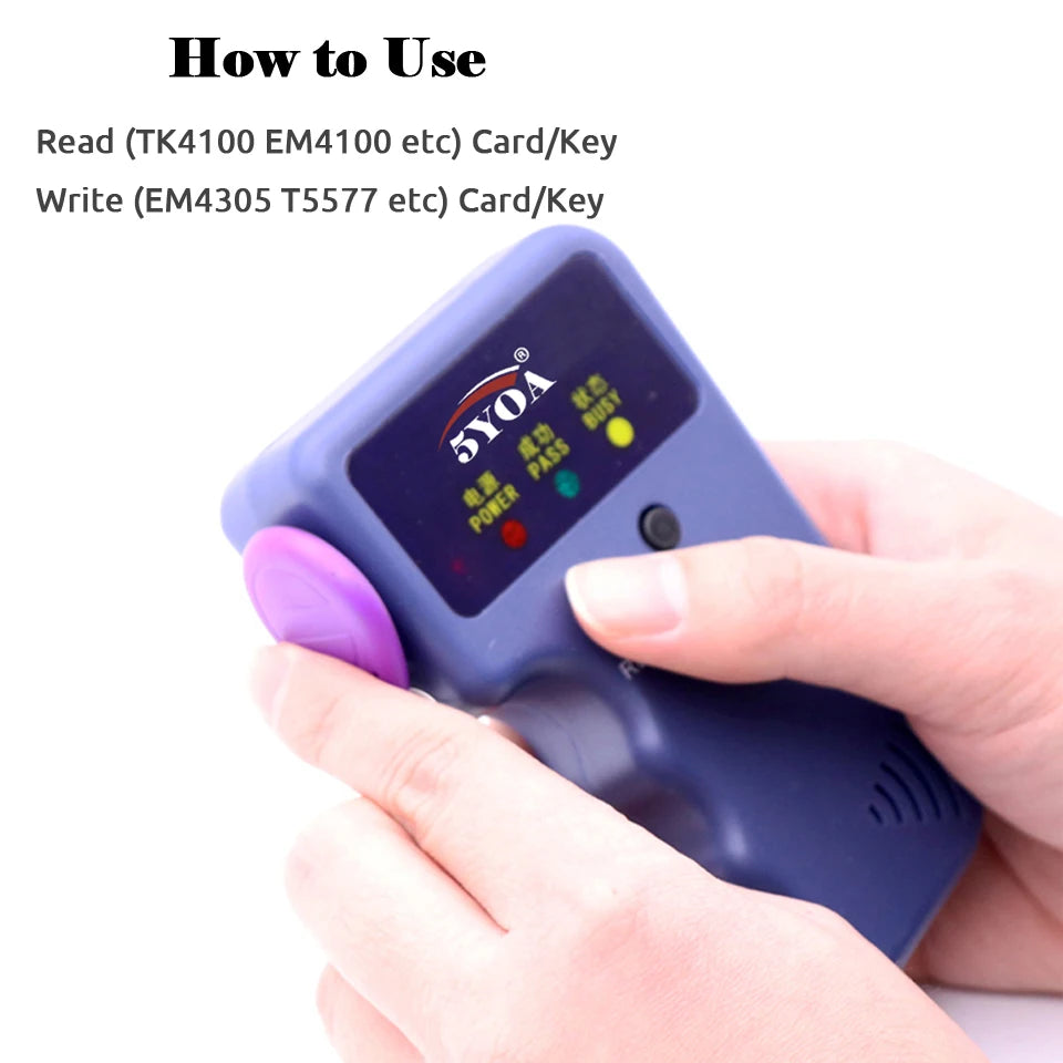 Blue plastic RFID card reader/writer handheld device with status indicator lights held in hand.