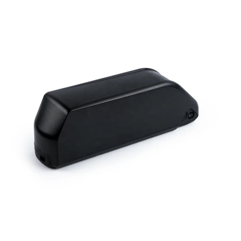 Black rechargeable e-bike battery pack with a sleek, rectangular casing and integrated power switch.