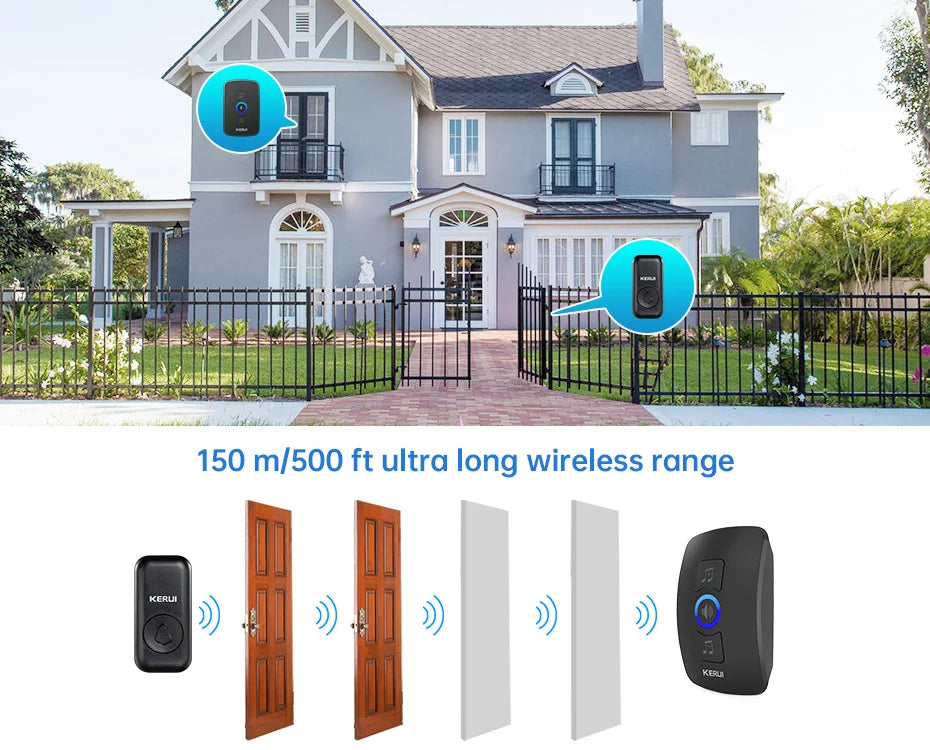 Black plastic wireless door chime set with transmitter and receiver with 500 ft signal range, shown with house.
