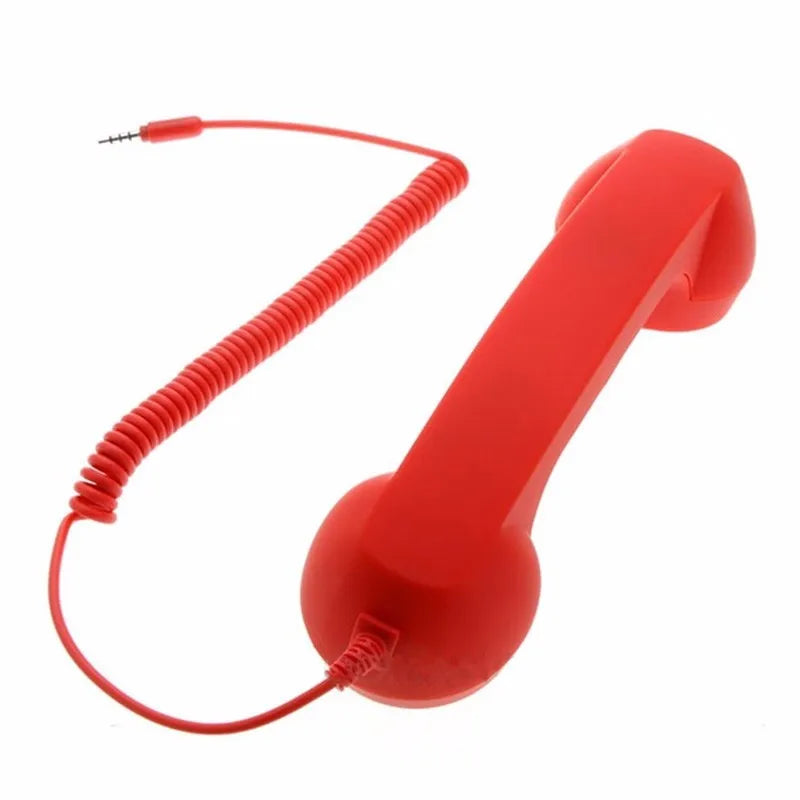Bright red retro-style telephone handset with a matching coiled cord and a 3.5mm jack plug.