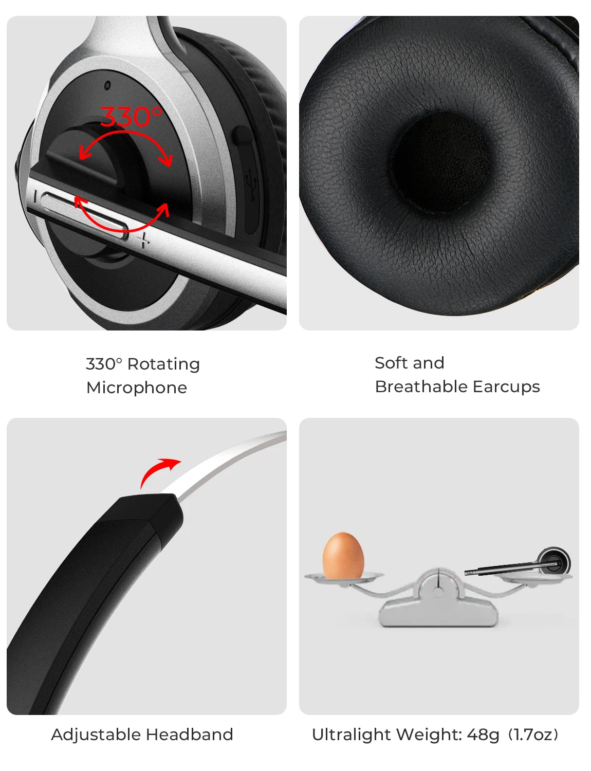 Black and silver wireless headset featuring a 330° rotating microphone, soft earcups, adjustable band, and ultralight.
