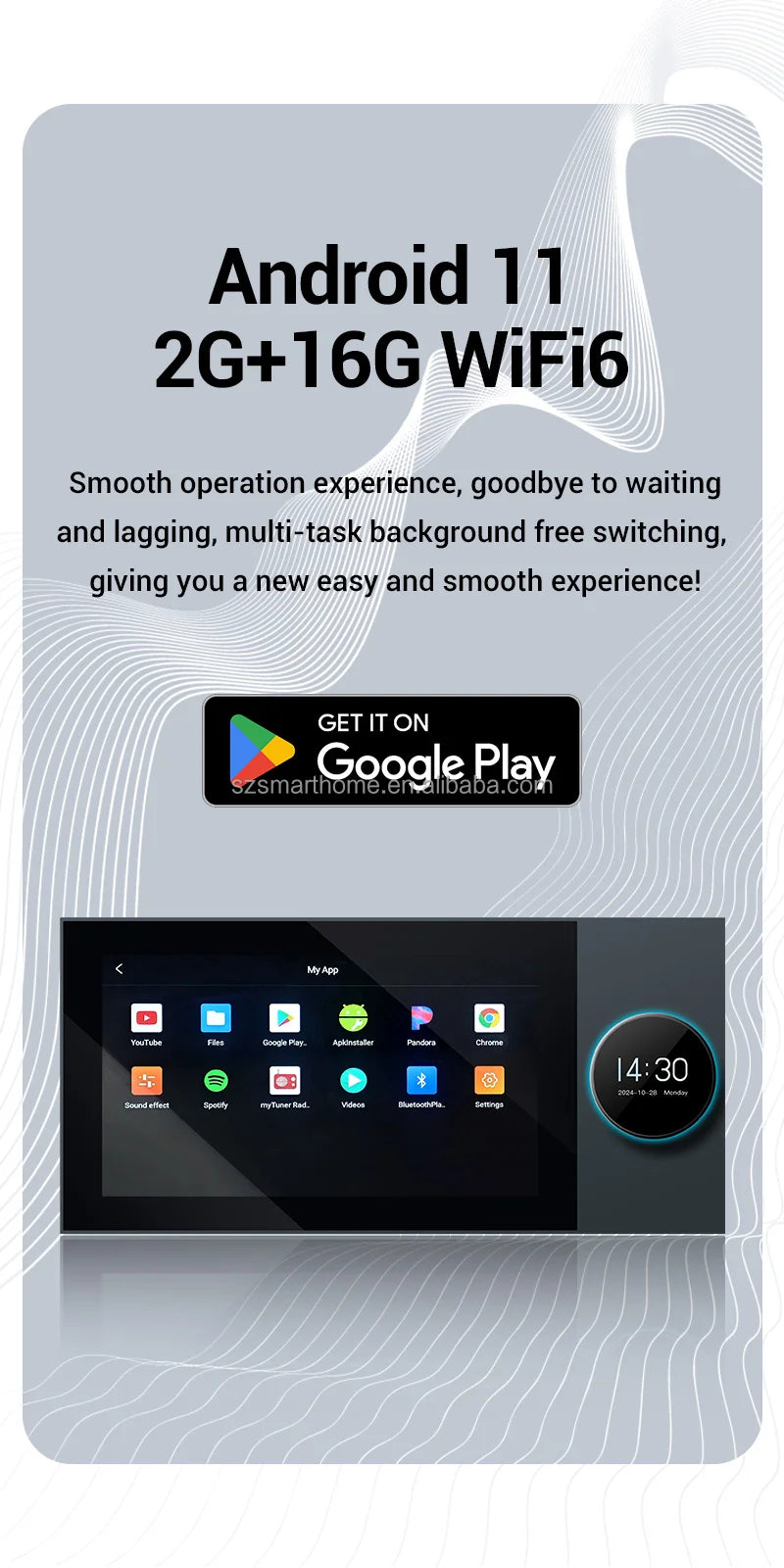 Sleek, 7-inch black smart home control panel with a digital clock and app-integrated touchscreen interface.