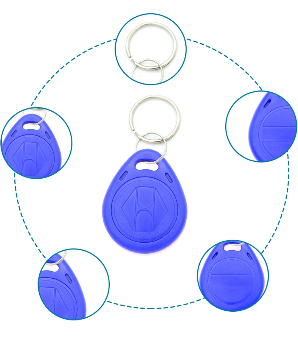 Blue plastic RFID key fob with a metal ring, showing detailed views of the device's design and attachment.