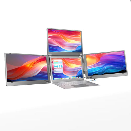 Silver 14-inch portable tri-screen laptop monitor extender with colourful abstract wallpapers on each display.