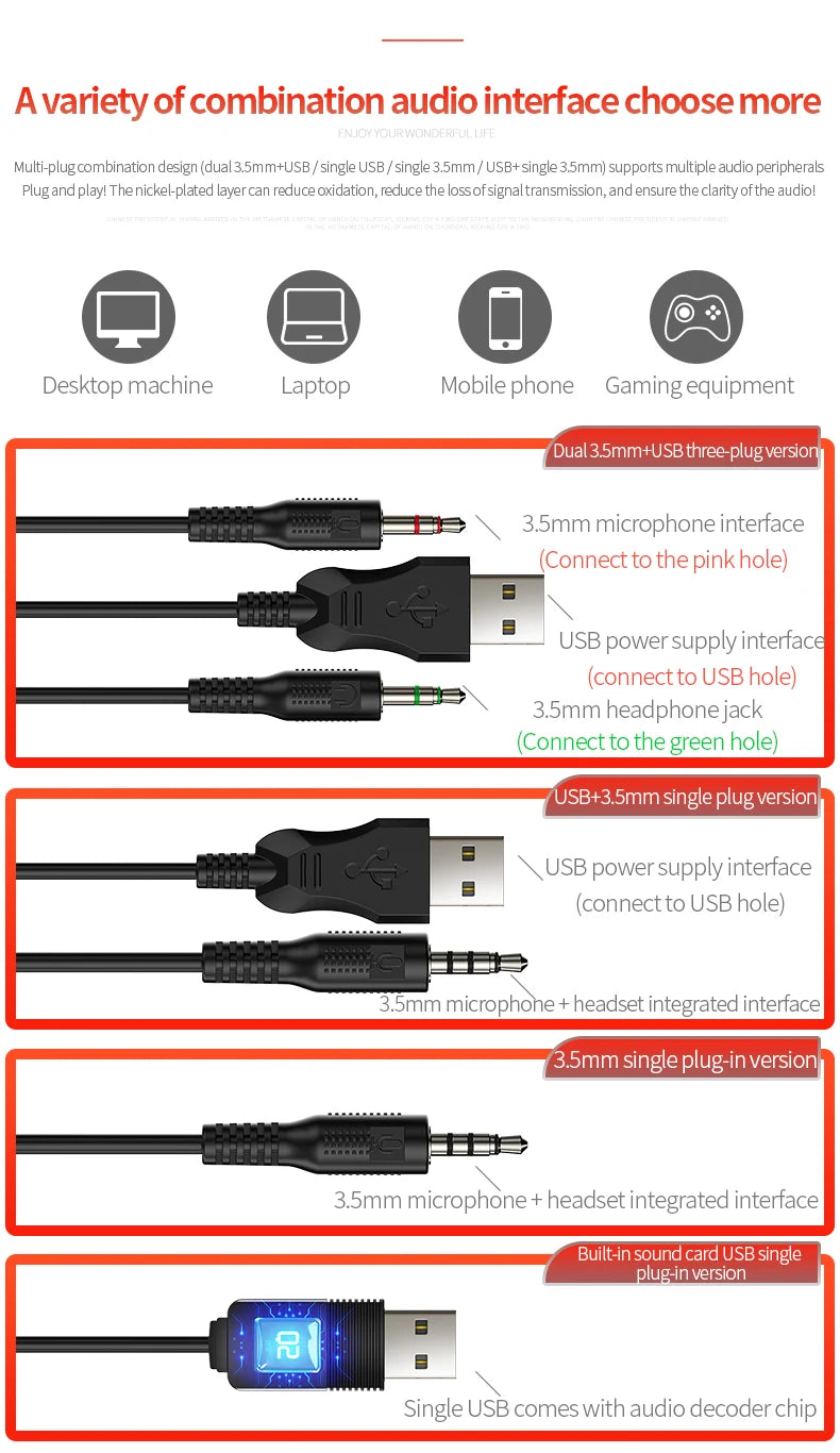 A variety of black gaming headset cables featuring different plug options, including 3.5mm jacks and USB connectors.
