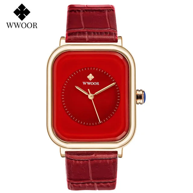 Ladies' square fashion watch with a vibrant red dial, gold-tone case, and red crocodile-textured leather strap.