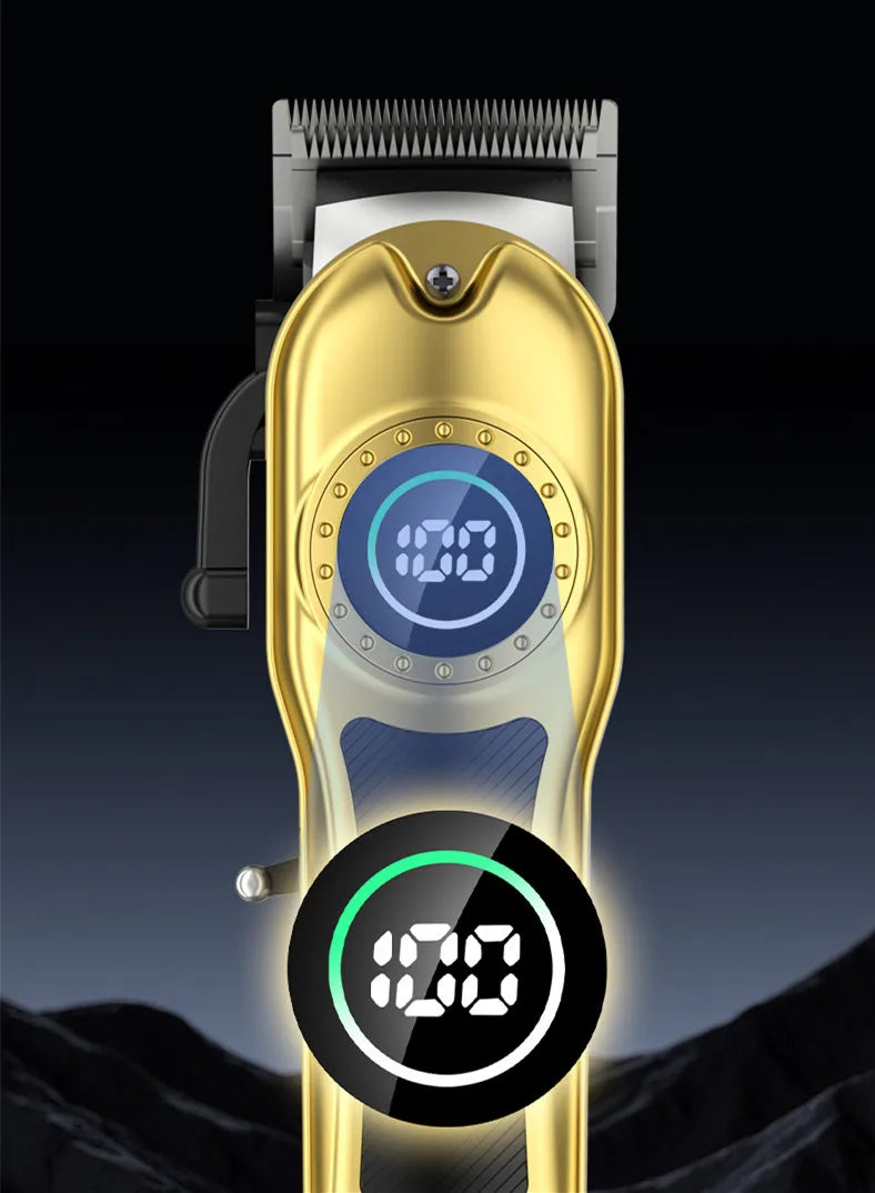 Gold-coloured professional hair clipper with a sharp blade and a digital LED battery display on the handle.