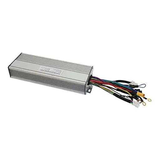 Silver rectangular RisunMotor e-bike brushless DC controller with multicolored wire harnesses extending out.