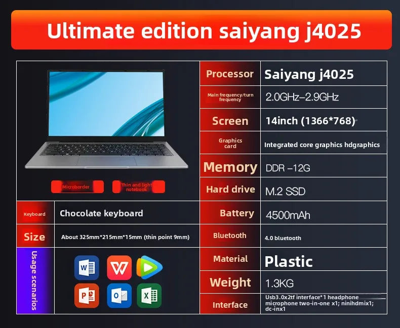 A slim, silver 14-inch laptop with a modern, thin-bezel display and a sleek, compact keyboard design.