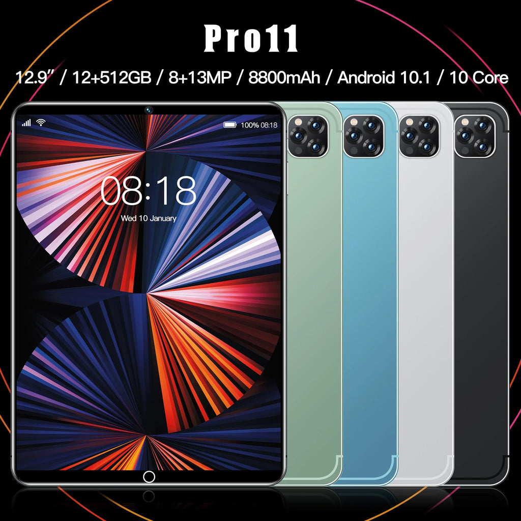 Sleek Android tablet featuring a vibrant display and triple-lens rear camera, available in green, blue, silver, and black.