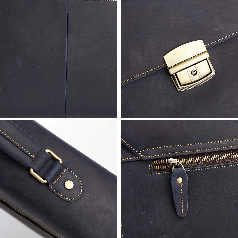 Close-up of a navy blue leather laptop satchel featuring brass-toned hardware, contrast stitching, and zip details.