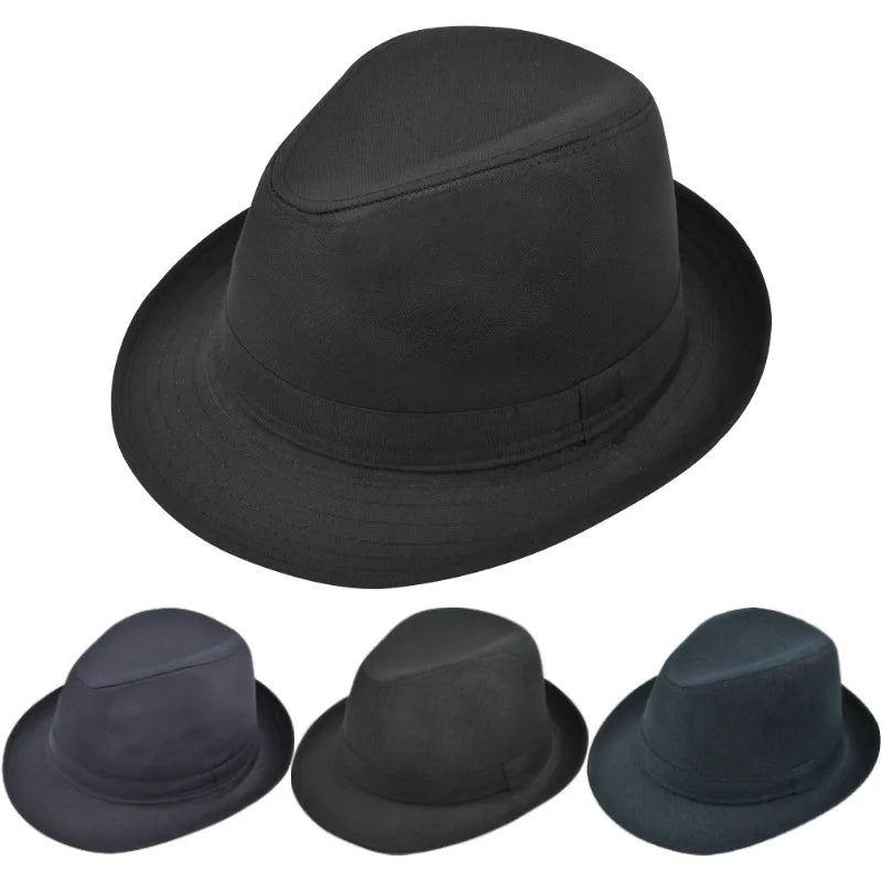 A selection of classic felt-style fedora hats in black and charcoal grey, featuring a structured crown and wide brim.