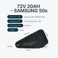 Black triangular 72V 20Ah e-bike lithium battery with a digital display and detailed technical dimensions.